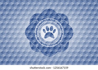 paw icon inside blue emblem or badge with abstract geometric pattern background.