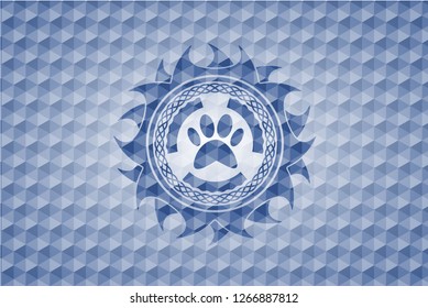 paw icon inside blue emblem or badge with abstract geometric pattern background.