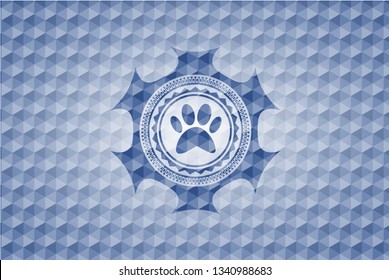 paw icon inside blue emblem or badge with abstract geometric pattern background.