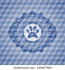 paw icon inside blue emblem with geometric pattern background.