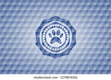 paw icon inside blue hexagon badge.