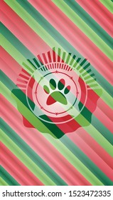 paw icon inside christmas colors style badge.
