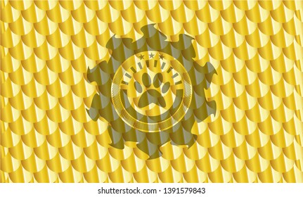 paw icon inside gold emblem or badge. Scales pattern. Vector Illustration. Detailed.
