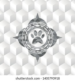paw icon inside grey badge with geometric cube white background