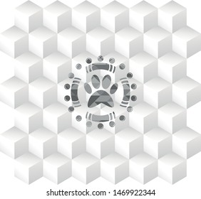 paw icon inside grey badge with geometric cube white background