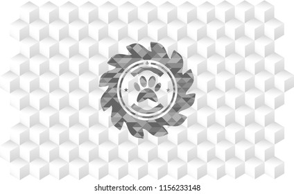 paw icon inside grey emblem. Vintage with geometric cube white background