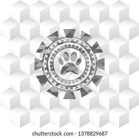 paw icon inside grey emblem with geometric cube white background