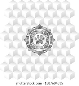 paw icon inside grey emblem with geometric cube white background