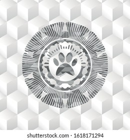 paw icon inside grey emblem with geometric cube white background