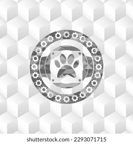 paw icon inside grey emblem. Vintage with geometric cube white background. 