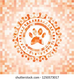 paw icon inside orange mosaic emblem with background