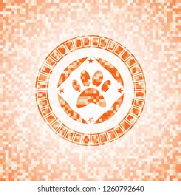 paw icon inside orange mosaic emblem with background