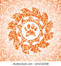 paw icon inside orange tile background illustration. Square geometric mosaic seamless pattern with emblem inside.