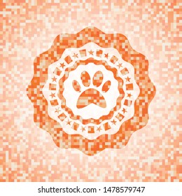 paw icon inside orange tile background illustration. Square geometric mosaic seamless pattern with emblem inside.