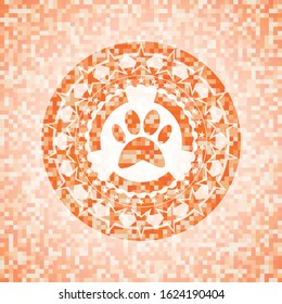 paw icon inside orange tile background illustration. Square geometric mosaic seamless pattern with emblem inside.