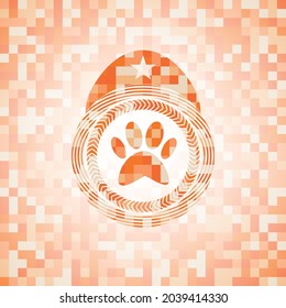 paw icon inside orange tile background illustration. Square geometric mosaic seamless pattern with emblem inside. 