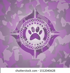 paw icon inside pink and purple camouflage texture
