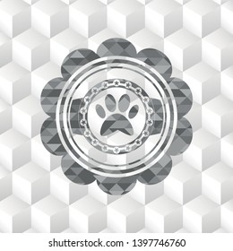 paw icon inside realistic grey emblem with geometric cube white background
