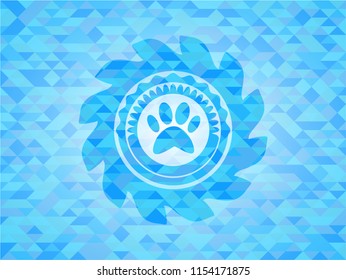 paw icon inside realistic light blue emblem. Mosaic background