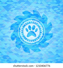 paw icon inside realistic light blue emblem. Mosaic background