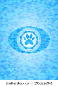 paw icon inside realistic sky blue emblem. Mosaic background
