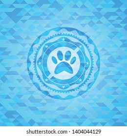 paw icon inside realistic sky blue emblem. Mosaic background