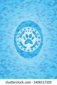 paw icon inside realistic sky blue mosaic emblem