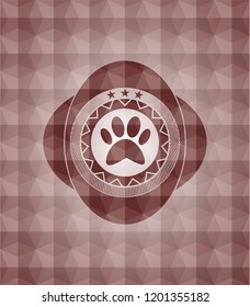 paw icon inside red emblem with geometric pattern. Seamless.