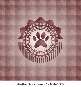 paw icon inside red emblem or badge with abstract geometric pattern background. Seamless.