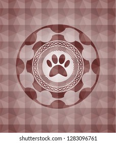 paw icon inside red emblem with geometric background. Seamless.