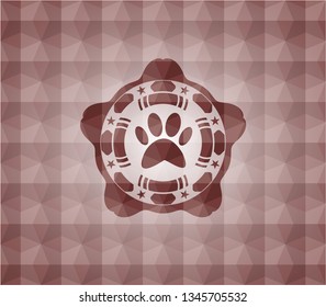 paw icon inside red emblem with geometric pattern background. Seamless.