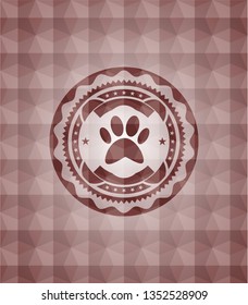 paw icon inside red emblem with geometric pattern background. Seamless.