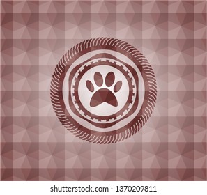paw icon inside red emblem or badge with abstract geometric pattern background. Seamless.