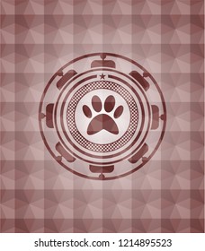 paw icon inside red geometric pattern emblem. Seamless.