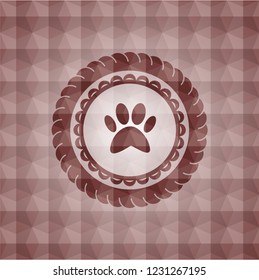 paw icon inside red seamless geometric pattern emblem. Seamless.