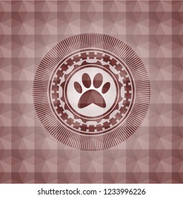 paw icon inside red seamless emblem with geometric pattern background.