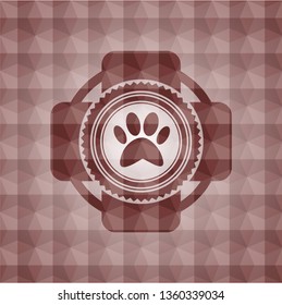 paw icon inside red seamless geometric pattern emblem. Seamless.