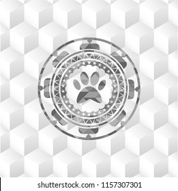 paw icon inside retro style grey emblem with geometric cube white background