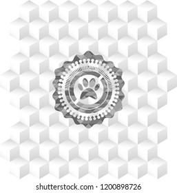 paw icon inside retro style grey emblem with geometric cube white background