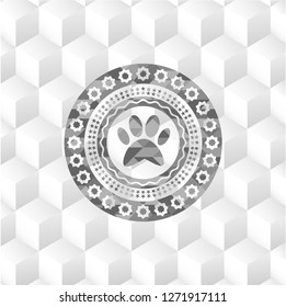 paw icon inside retro style grey emblem with geometric cube white background