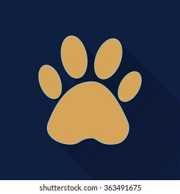 Paw  icon with long shadow, flat design. Vector illustration.