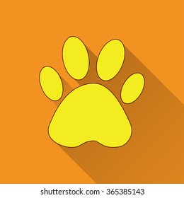 Paw  icon with long shadow, flat design. Vector illustration.