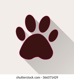 Paw icon with long shadow, flat design. Vector illustration.