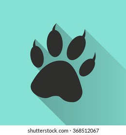 Paw  icon with long shadow, flat design. Vector illustration.