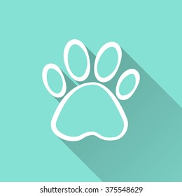 Paw  icon with long shadow, flat design. Vector illustration.