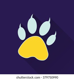 Paw  icon with long shadow, flat design. Vector illustration.
