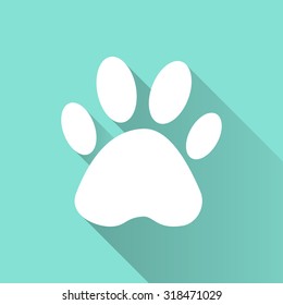 Paw  icon with long shadow on green background, flat design. Vector illustration.