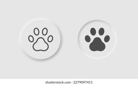 Paw icon in neumorphism style. Icons for business, white UI, UX. Pet store symbol. Pet, animal, cat, dog. Neumorphic style.