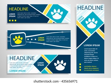 Paw icon on horizontal and vertical banner. Foot symbol abstract banner, flyer design template.