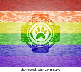 paw icon on mosaic background with the colors of the LGBT flag. 